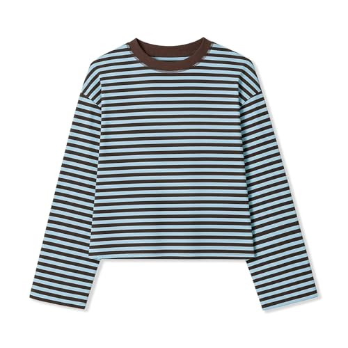 KOSUSANILL Striped Long Sleeve Shirt Women Oversized Baggy Tshirt Crewneck Boxy Cropped Tee Tops Drop Shoulder Y2K Cute Preppy Sweatshirt Vintage Teen Girls Fall Pullover Top (Brown, L) | Amazon (US)