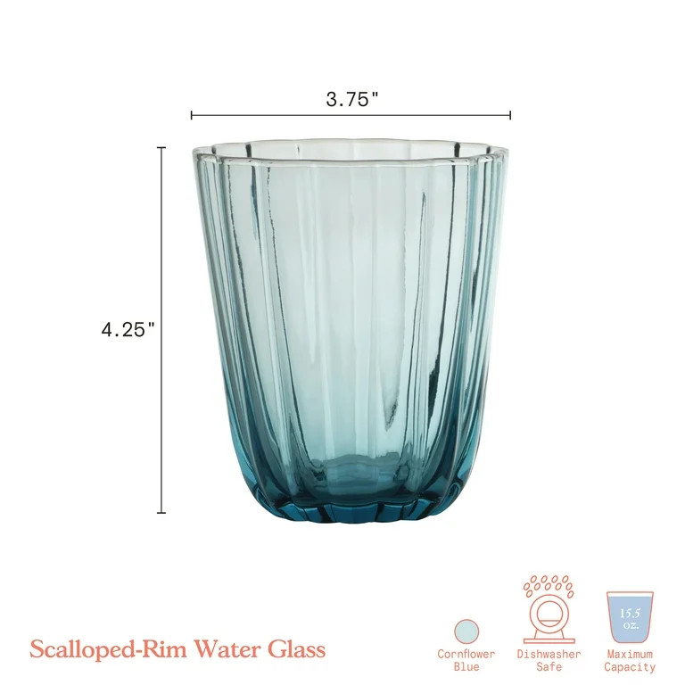 Beautiful Scallop Glass Water Glasses Set of 4 Cornflower Blue by Drew Barrymore | Walmart (US)