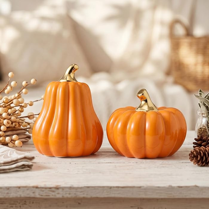 Qinyoung 2 Pcs Ceramic Pumpkins for Home Decor Thanksgiving Artificial Pumpkins Figurines Tall and Short Modern Minimalist Fall Decor for Autumn Party, Shelf, Table, Rustic Wedding(Orange) | Amazon (US)