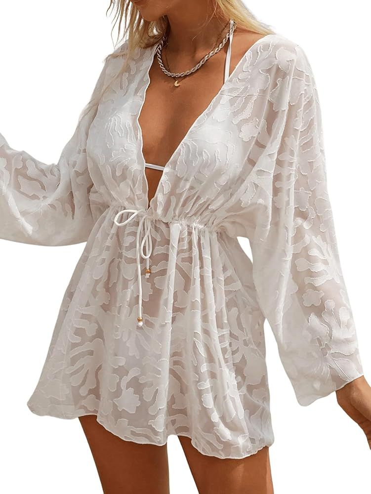 GORGLITTER Women's Sheer Mesh Cover Up Dress Long Sleeve Swimsuit Cover Ups | Amazon (US)