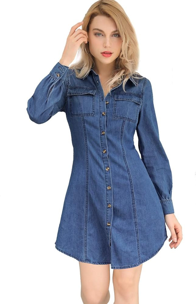 Allegra K Women's Denim Tunic Dress Long Sleeve Curved Hem Button Down Shirtdress | Amazon (US)
