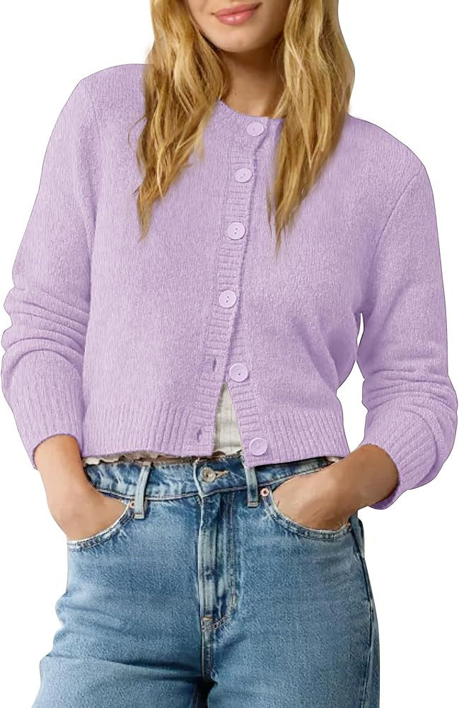 Urban CoCo Women's Crew Neck Cropped Cardigan Sweaters Long Sleeve Open Front Button Down Shrug S... | Amazon (US)
