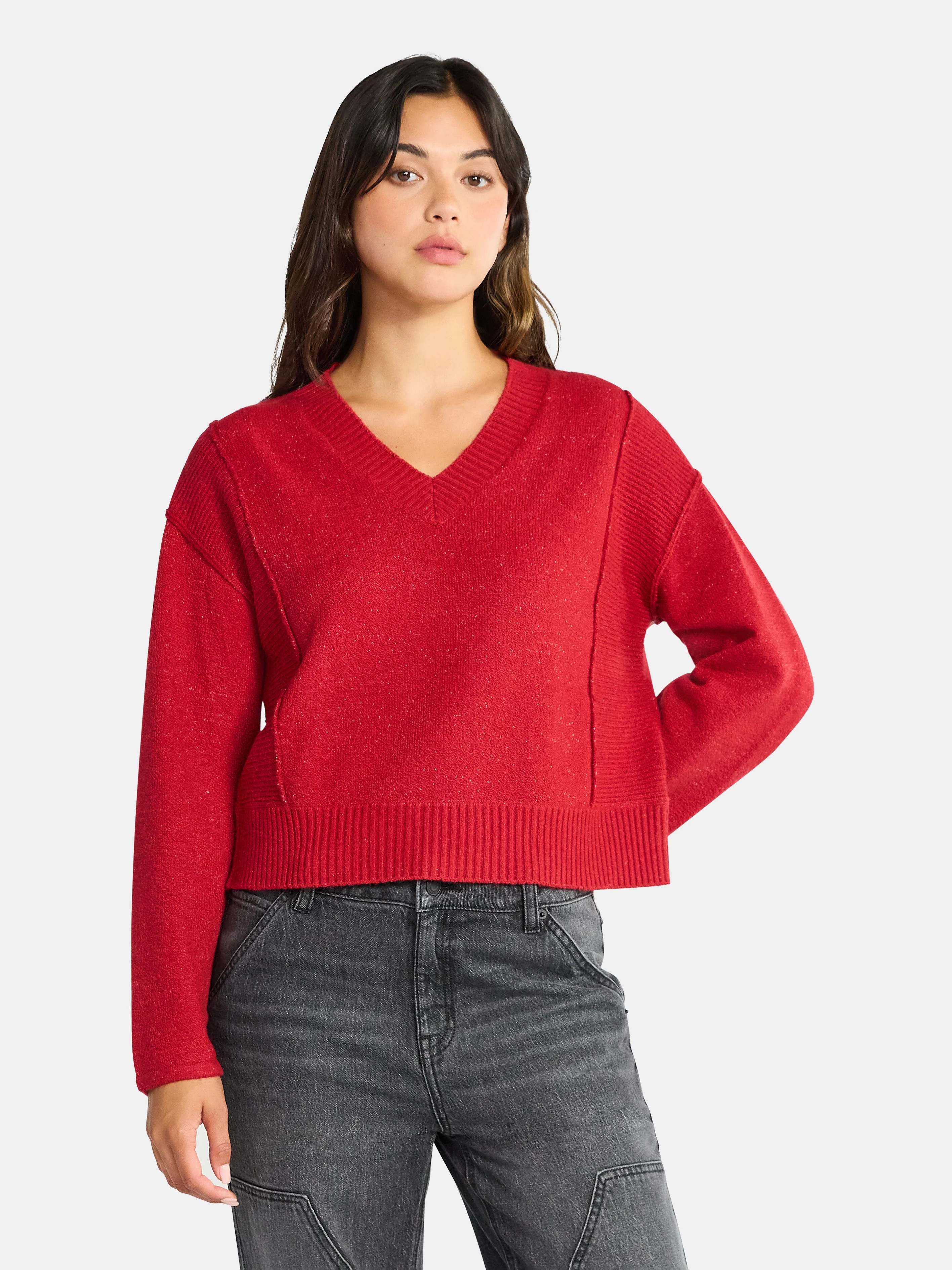 Time and Tru Women's Ribbed V Neck Sweater, Lightweight, Sizes XS-XXXL | Walmart (US)