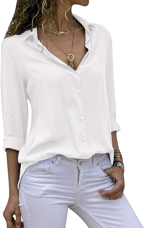 Women's Long Sleeve V Neck Chiffon Blouses Tops Button Down Business Shirts | Amazon (US)