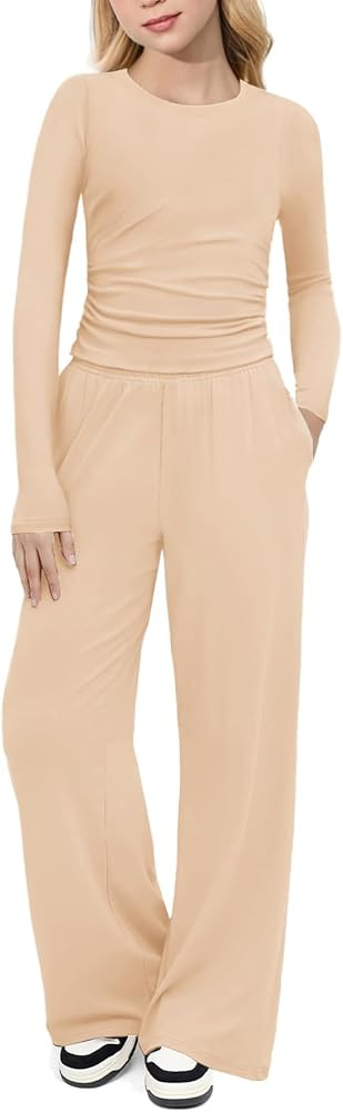 Arshiner Girls 2 Piece Set Fall Outfits Lounge Sets Ruched Long Sleeve Top Wide Leg Pants Sweatsu... | Amazon (US)