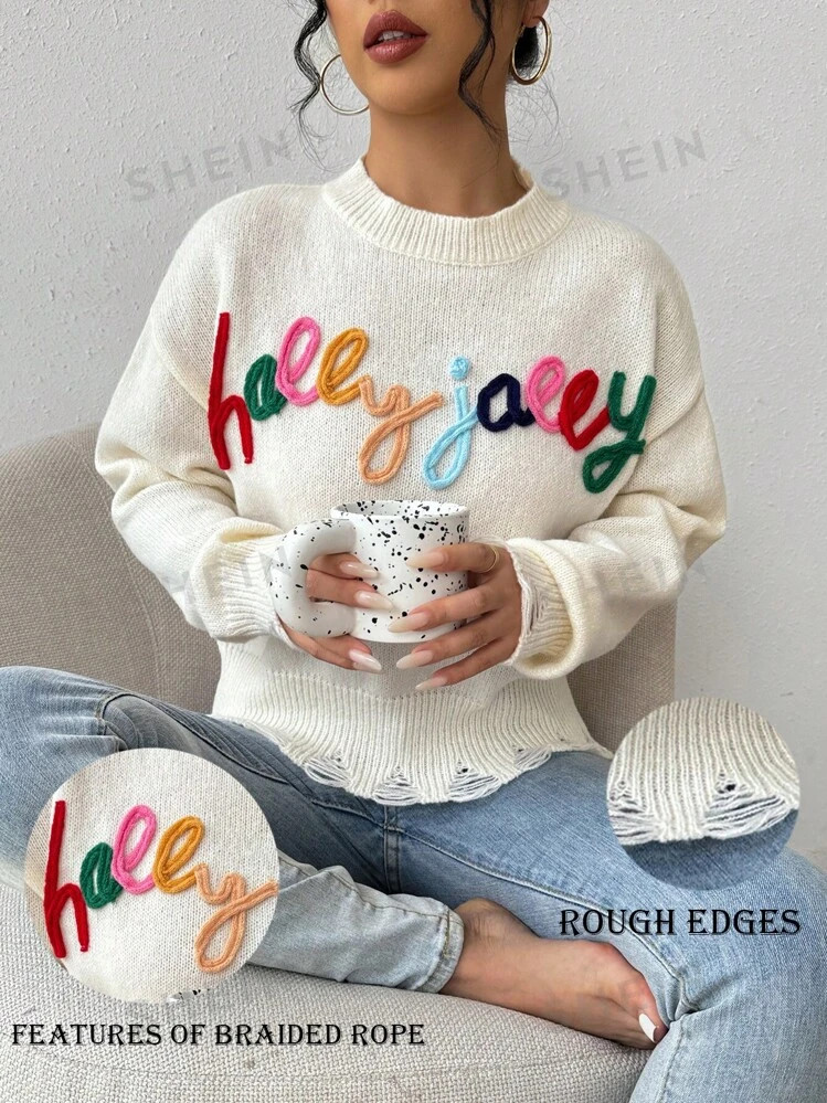 SHEIN LUNE Letter Embroidery Drop Shoulder Raw Hem Sweater | SHEIN