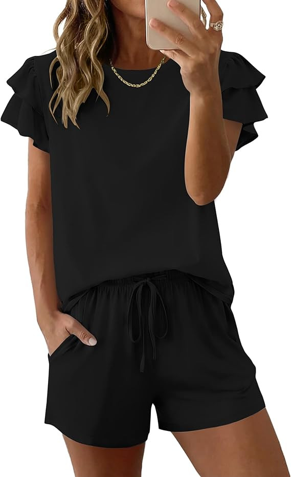 Ekouaer Womens Pajama Sets 2 Piece Ruffle Sleeves Top and Shorts Pjs Soft Sleepwear Cute Loungewe... | Amazon (US)
