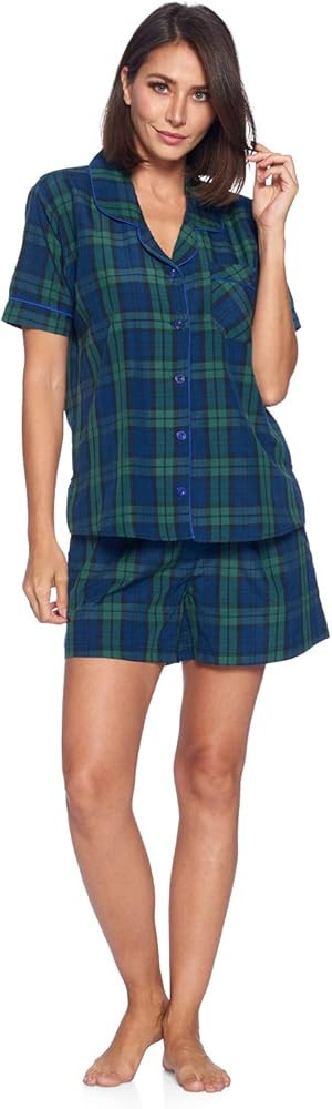 Ashford & Brooks Women's Short Sleeve Pajamas Shorts Set | Woven Plaid Sleepwear & Loungewear But... | Amazon (US)