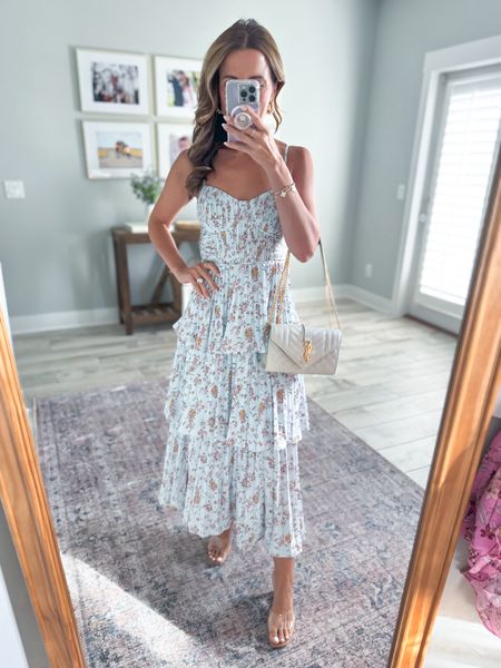 Summer wedding guest dress. Floral midi dress. Wearing XS + adjustable straps. Party dress. Baby shower dress. Wedding shower dress. Target clear wedges are TTS. YSL quilted purse. 

#LTKParties #LTKItBag #LTKWedding