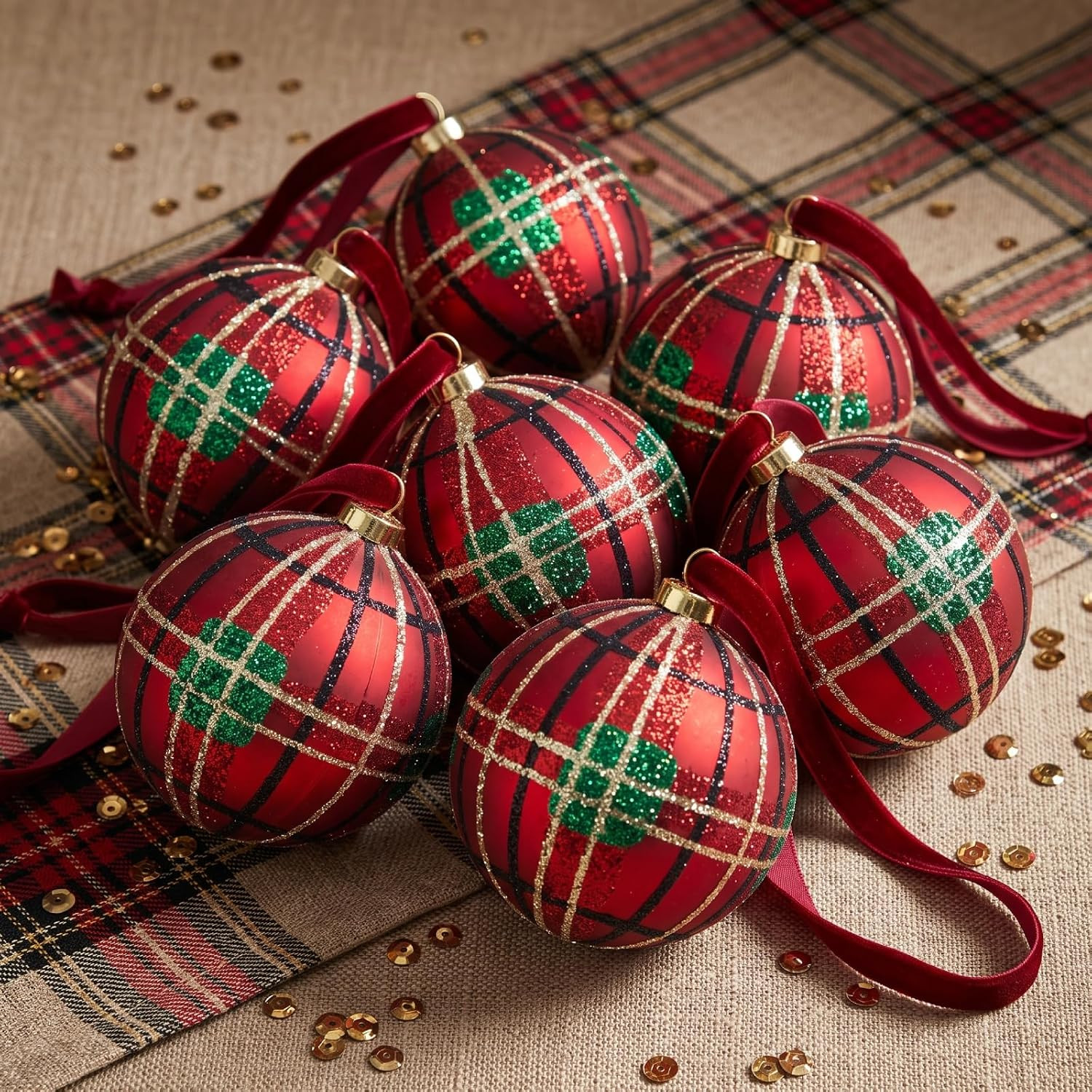 12 Pcs Christmas Tartan Plaid Ornaments, Xmas Hanging Balls | Amazon (US)