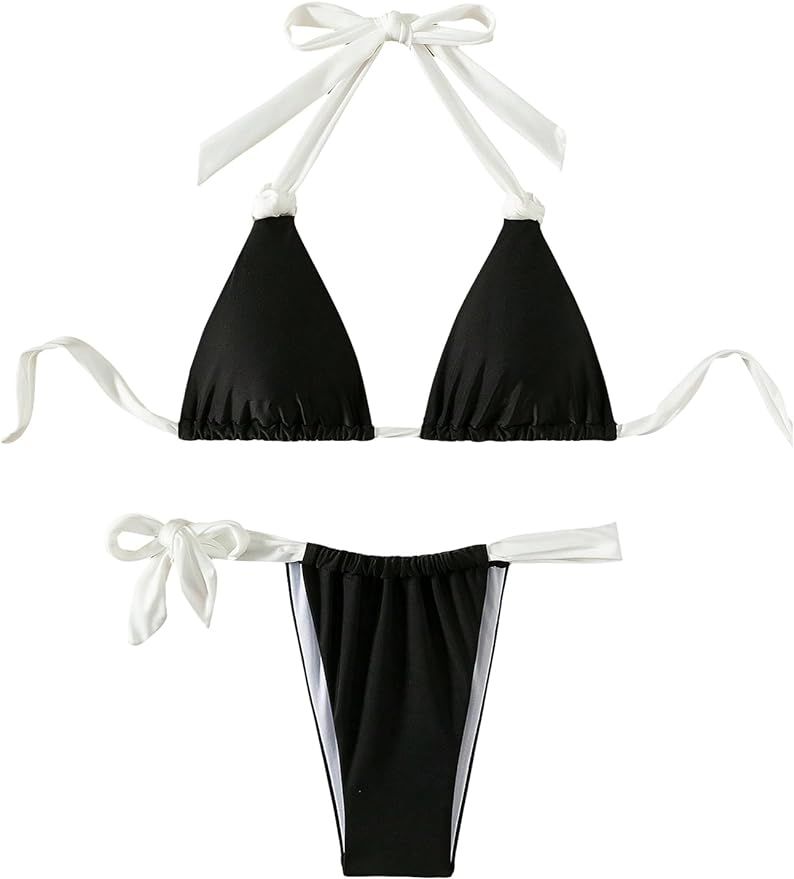 SHENHE Women's 2 Piece Halter Knot Triangle Colorblock Tie Side Backless Bikini Set | Amazon (US)