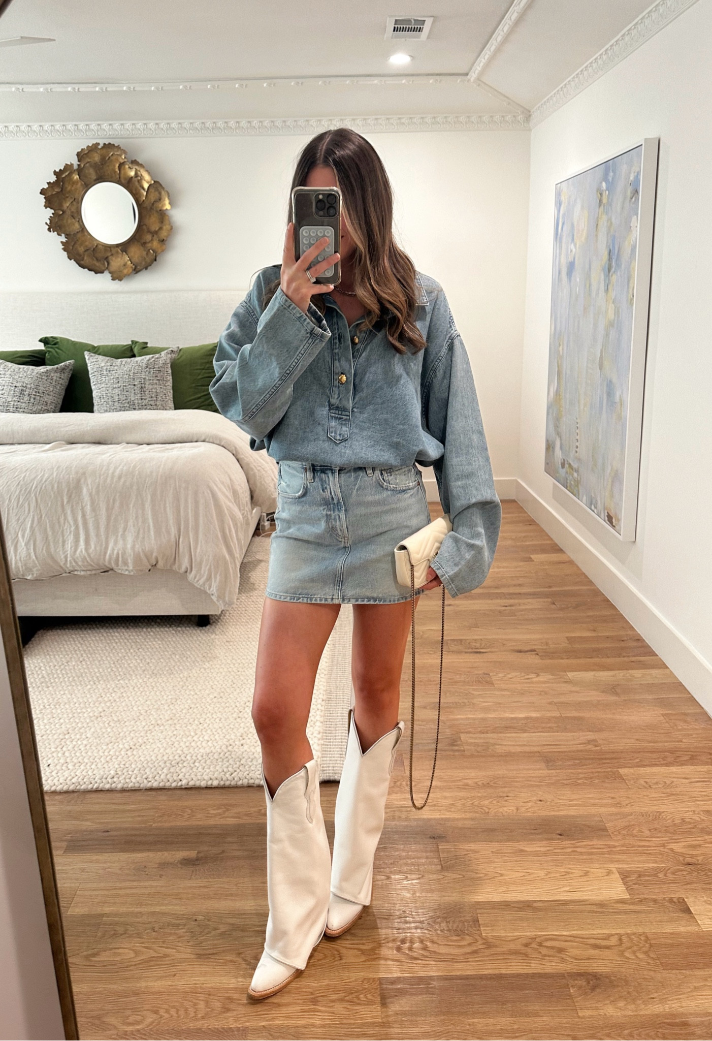 Country concert outfit, western outfit, denim outfit, denim on denim, denim skirt, white western boots, white cowboy boots, mini skirt, denim mini skirt, denim shirt 