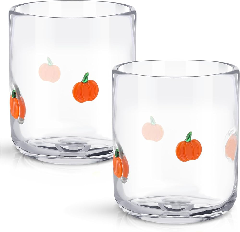 2 Pcs Pumpkin Icon Juice Glasses, 14 oz Fall Pumpkin Stemless Wine Drinking Coffee Glass Cup for ... | Amazon (US)