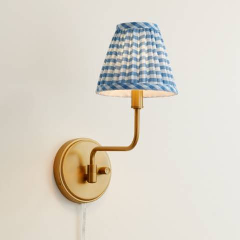 Ophelia 9 1/2"H Warm Brass Plug-In Wall Sconce Blue Plaid Shade | Lamps Plus