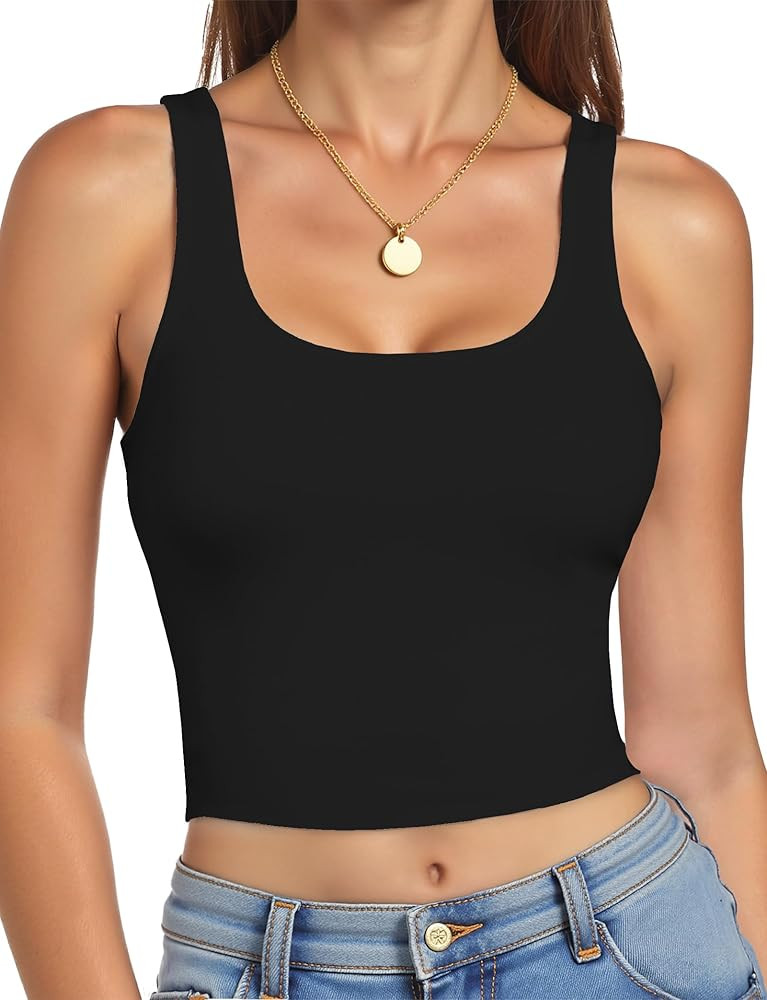 AURUZA Crop Tops for Women, Womens Double Lined Tank Tops U-Neck Basic Workout Tank Tops Woman Sl... | Amazon (US)