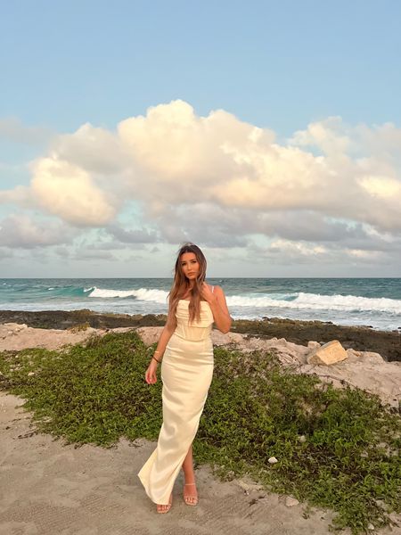 NBD white gown. Wearing size small. 
Aella Gown in Champagne. Beach outfit  

#LTKMostLoved #LTKGiftGuide #LTKU