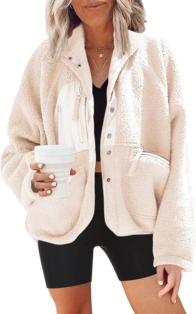 Womens Fuzzy Fleece Jacket Button Down Shacket Casual Sherpa Coats Warm Outwear With Pockets | Amazon (US)