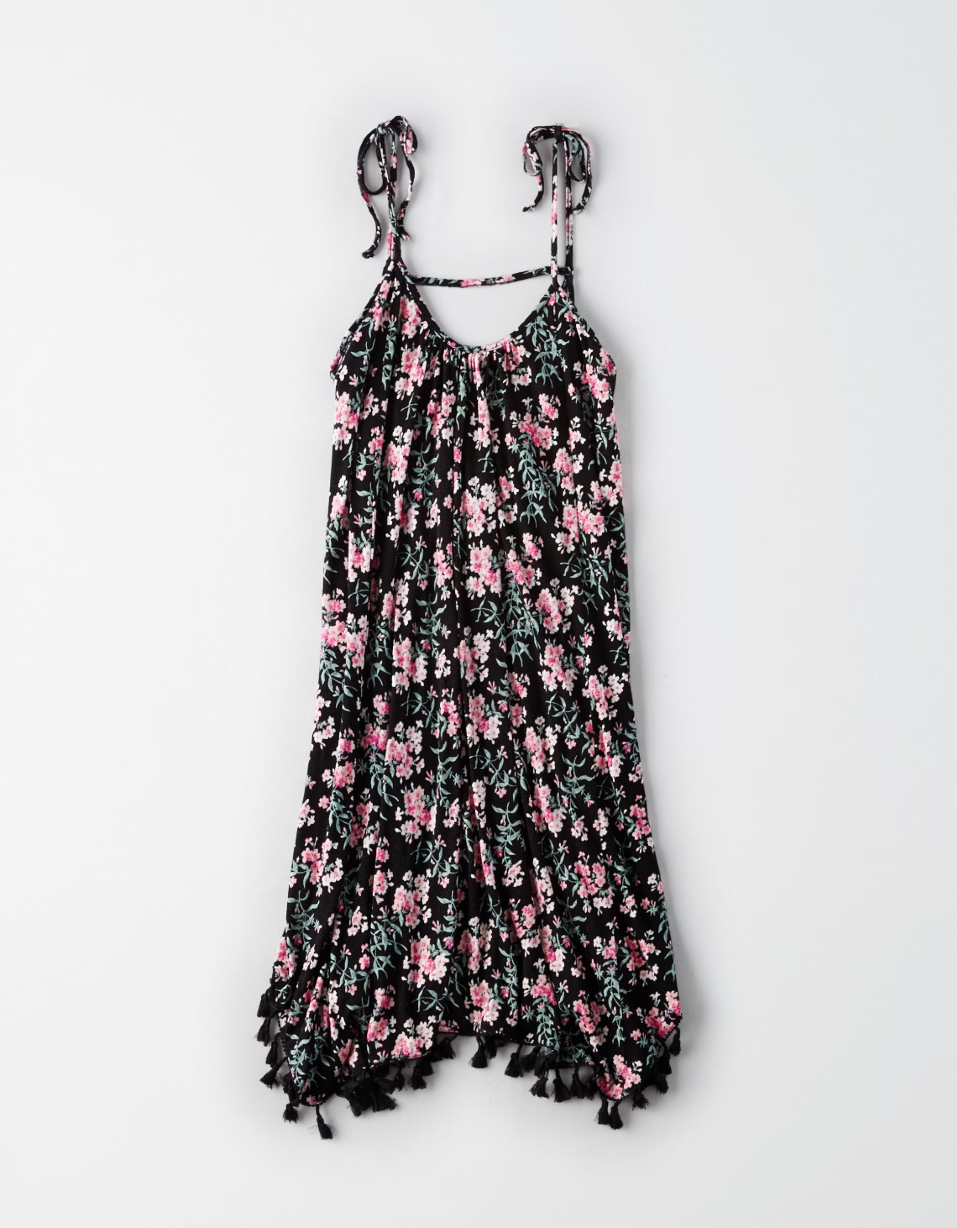 AE Knit Tassel Bare Tarapeeze Dress, Black | American Eagle Outfitters (US & CA)