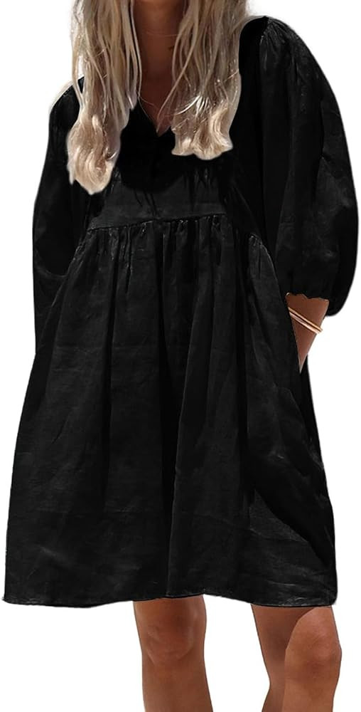 chouyatou Women's Summer Puff Sleeve Cotton Tunic Dress V-Neck Mini Vacation Babydoll Dress | Amazon (US)