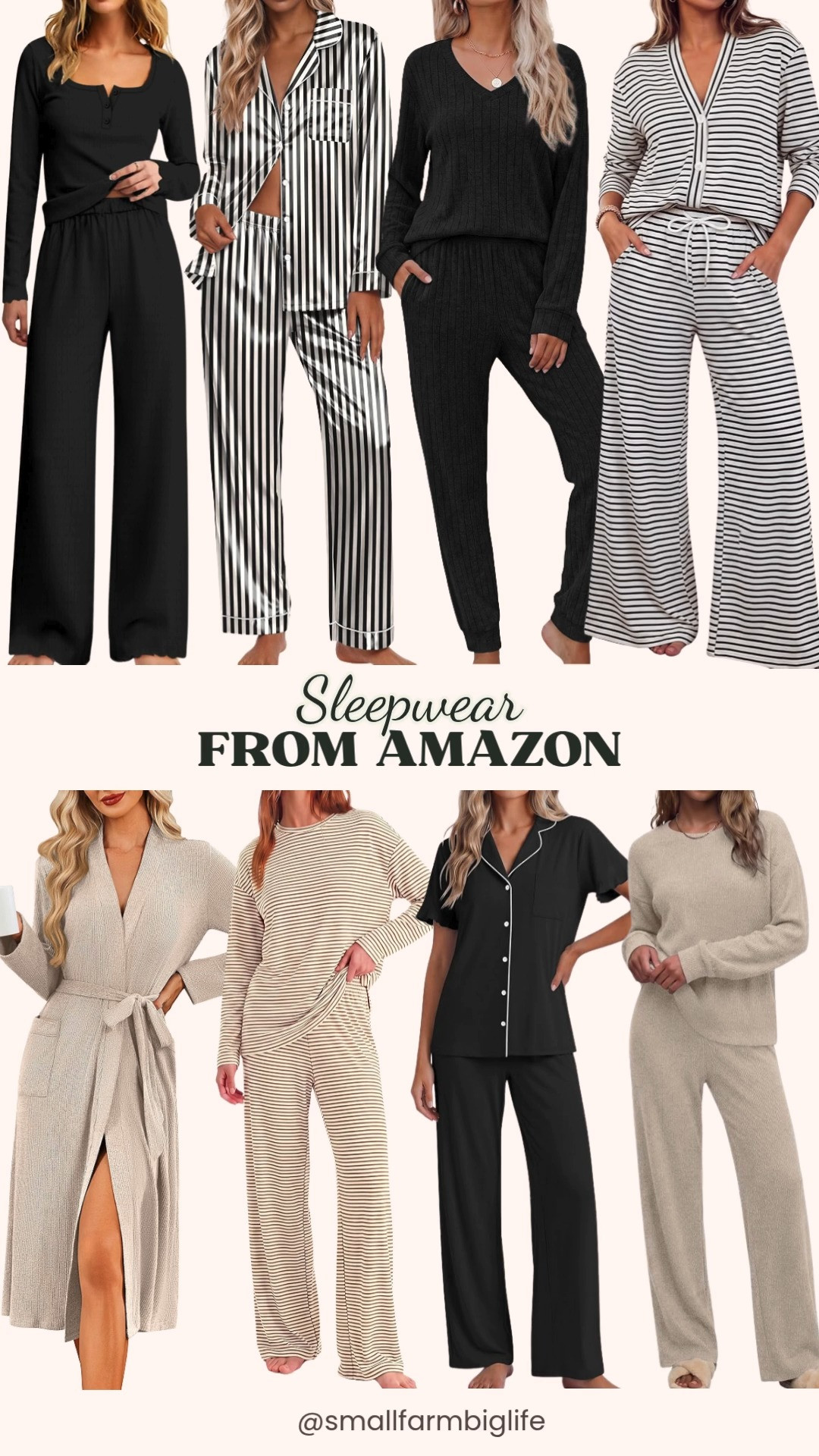 Sleepwear from Amazon is such an easy way to upgrade your bedtime routine, and I have rounded up all my favorites for you.

The black Ekouaer Ribbed Knit Lounge Set has such a soft, cozy feel with jogger pants and pockets, perfect for fall sleepwear or an airport travel outfit. The black and champagne stripe Ekouaer Silk Satin Pajama Set is such an elevated option if you want something dressier, and the black and white striped Fisoew Cardigan Pant Set has a wide leg, high waisted drawstring pant that feels just as comfortable for lounging around the house.

For a cute printed option, the black Lacozy Pajama Set has a fun U neck detail, and the cream and brown striped PRETTYGARDEN Lounge Set has a side slit tee paired with wide leg pants for an easy matching look. The beige Ekouaer Ribbed Lounge Set and the black Ekouaer Ruffle Sleeve Pajama Set are both soft, comfortable options for daily wear.

Rounding things out, the oatmeal Ekouaer Long Knit Kimono Robe is perfect for layering over any of these sets, whether you are relaxing at home or getting ready for a shower or travel day.

So many cozy sleepwear options to shop for fall, all linked for you. 

 #amazonfashion #sleepwear #pajamas #fallfashion #loungewear #LTKootd #LTKmorningroutine #LTKOver40
