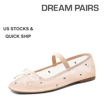 DREAM PAIRS Women's Ballet Flats Fashion Bowknot Mesh Rhinestones Breathable Transparent Comfortable Elegant Elastic Ankle Strap Square Toe Shoes | SHEIN