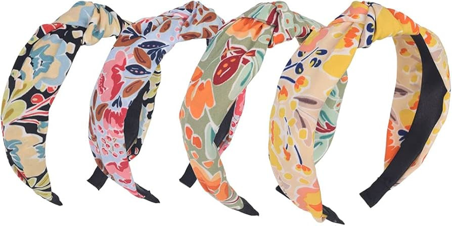 4Pcs Headbands for Women,Floral Pattern Knotted Wide Headbands Cross Knot Hair Bands Vintage Hair... | Amazon (US)