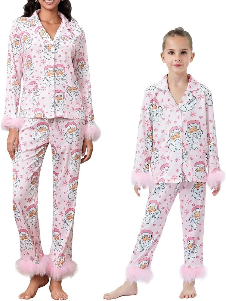 Luckinbaby Christmas Mommy and Me Pajamas Set Feather Trim Long Sleeve Matching Xmas Pj Mother Da... | Amazon (US)