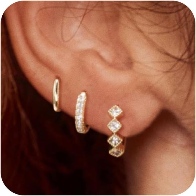 14K Real Gold Hoop Earrings Gold Plated Earring Set Zirconia Earring Chunky Small Gold Hoops Hugg... | Amazon (US)