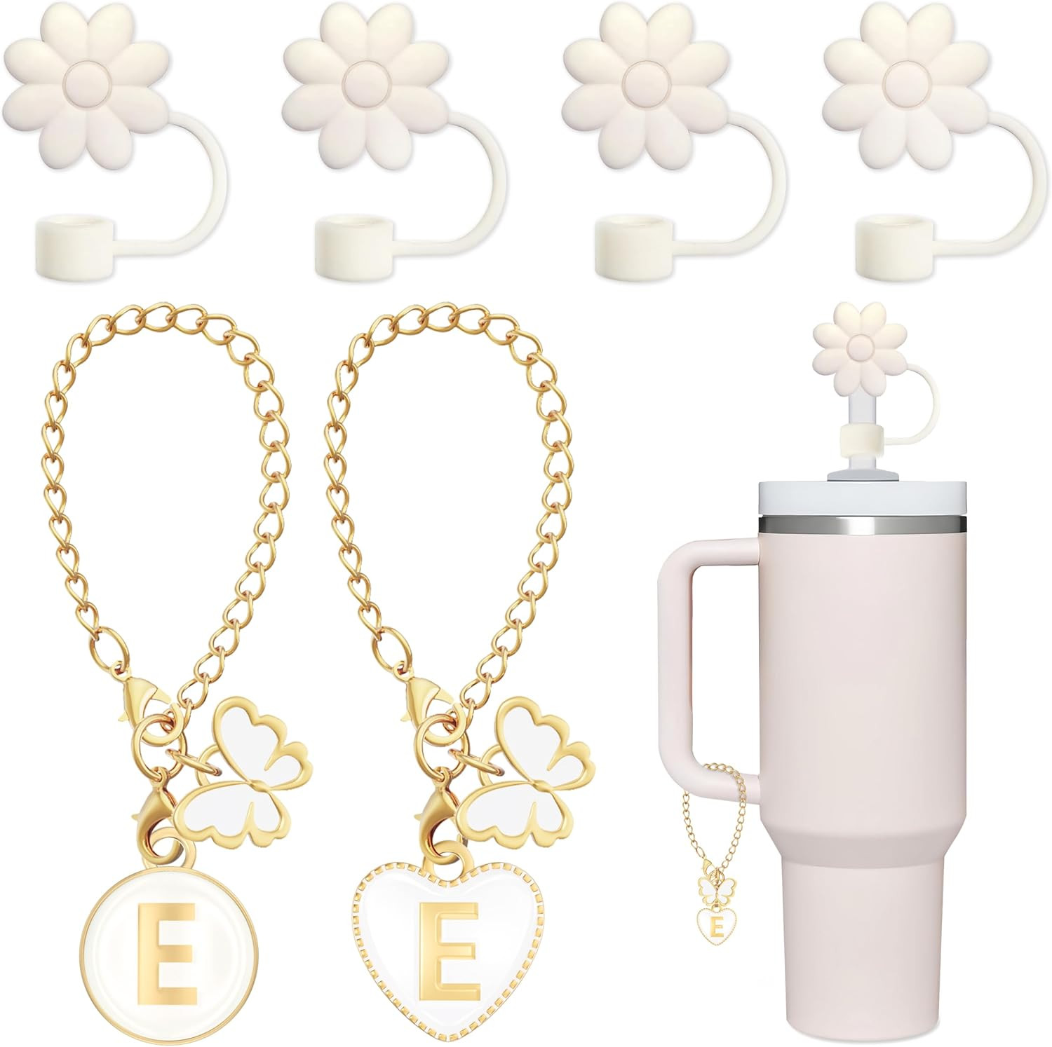 ANLABESY Compatible with Stanley Cup Accessories, 2PCS Butterfly Letter Charms with 4PCS 10mm Stanley Straw Cover Cap for Stanley Cup 30&40 Oz, Silicone Stanley Straw Toppers for Stanley Tumbler(E) | Amazon (US)