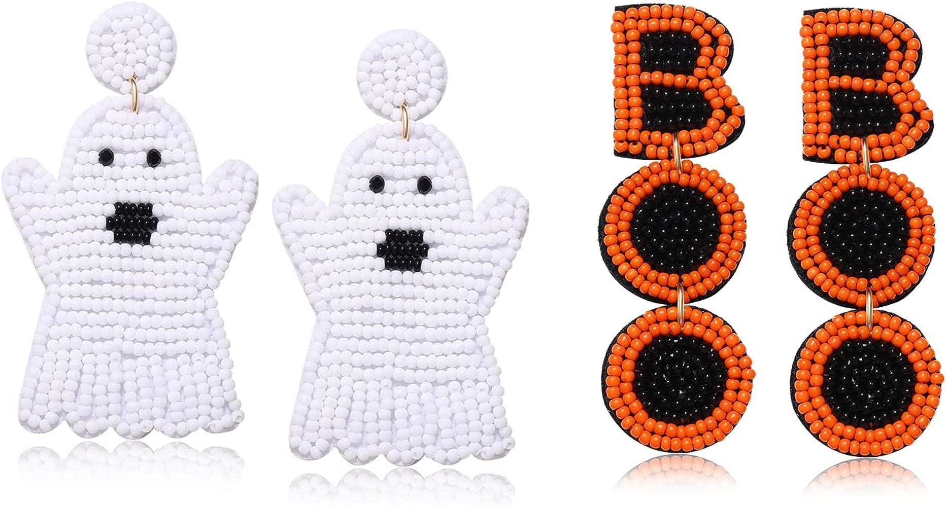 2 Pairs Halloween Beaded BOO Ghost Drop Earrings Handmade Pumpkin Teardrop Dangle Earrings Statem... | Amazon (US)