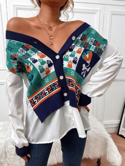 2 In 1 Christmas And Geo Pattern Button Front Cardigan | SHEIN