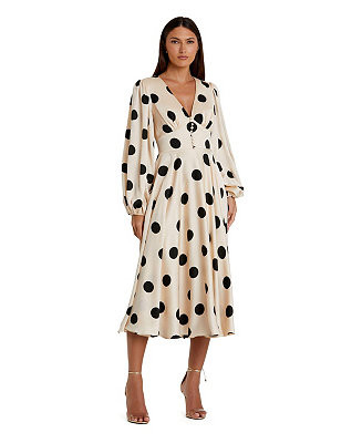 Women's Polka Dot Charmeuse Long Sleeve V Neck Midi Dress | Macy's