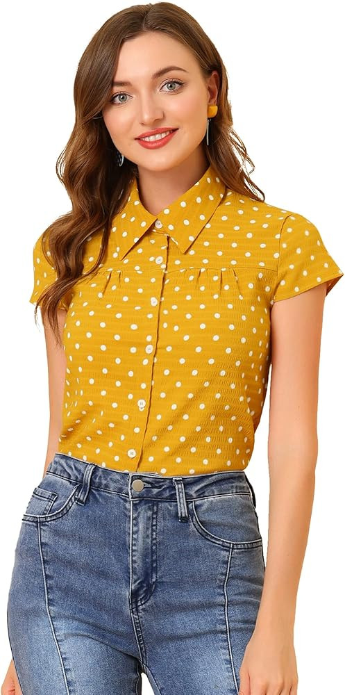 Allegra K Women's Vintage Short Sleeve Tops Button Up Polka Dots Shirt | Amazon (US)