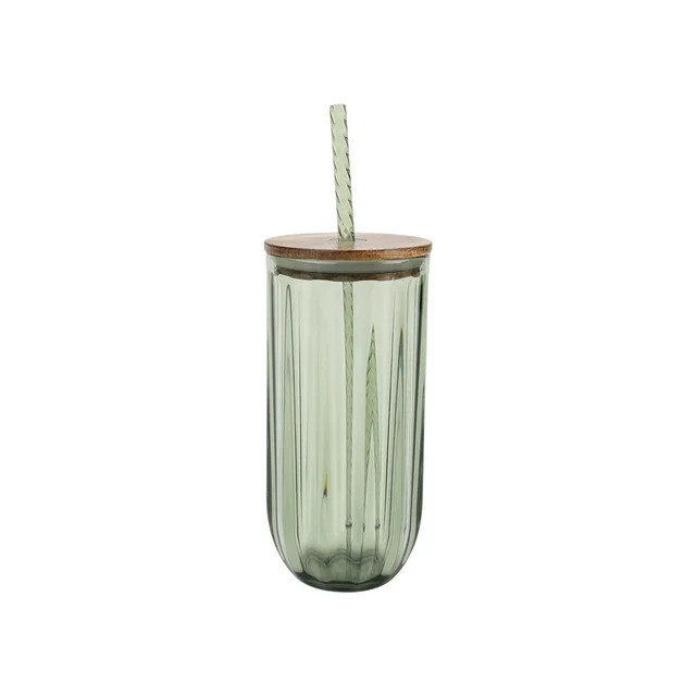 Better Homes & Gardens Fluted 21-Ounce Tritan Plastic Sipper and Straw with Acacia Wood Lid, Gree... | Walmart (US)