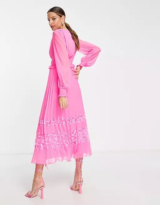 ASOS DESIGN Tall Exclusive plunge pleated midi dress with lace insert hem in hot pink | ASOS (Global)