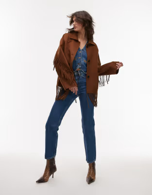 Mango wool mix tassle hem jacket in dark brown | ASOS (Global)