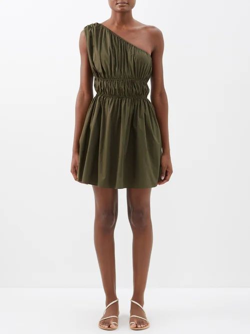 Matteau - One-shoulder Shirred Organic-cotton Mini Dress - Womens - Olive | Matches (UK)