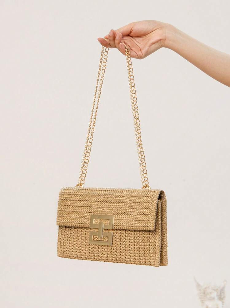 Women Twist Lock Flap Straw Beach Bag Chain Woven Purse Clutch, Beach Necessities,Beach Essential... | SHEIN
