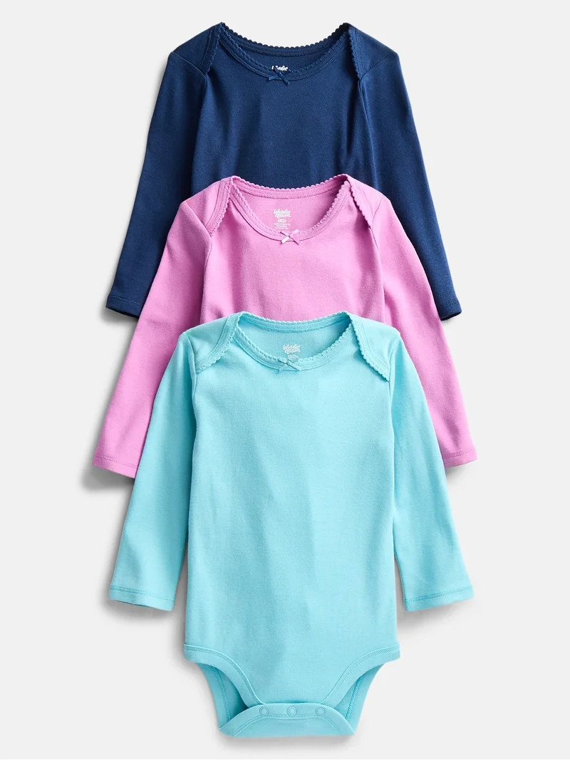 Wonder Nation Baby Girls Long Sleeve Bodysuits, 3-Pack, Sizes 0-24 Months | Walmart (US)
