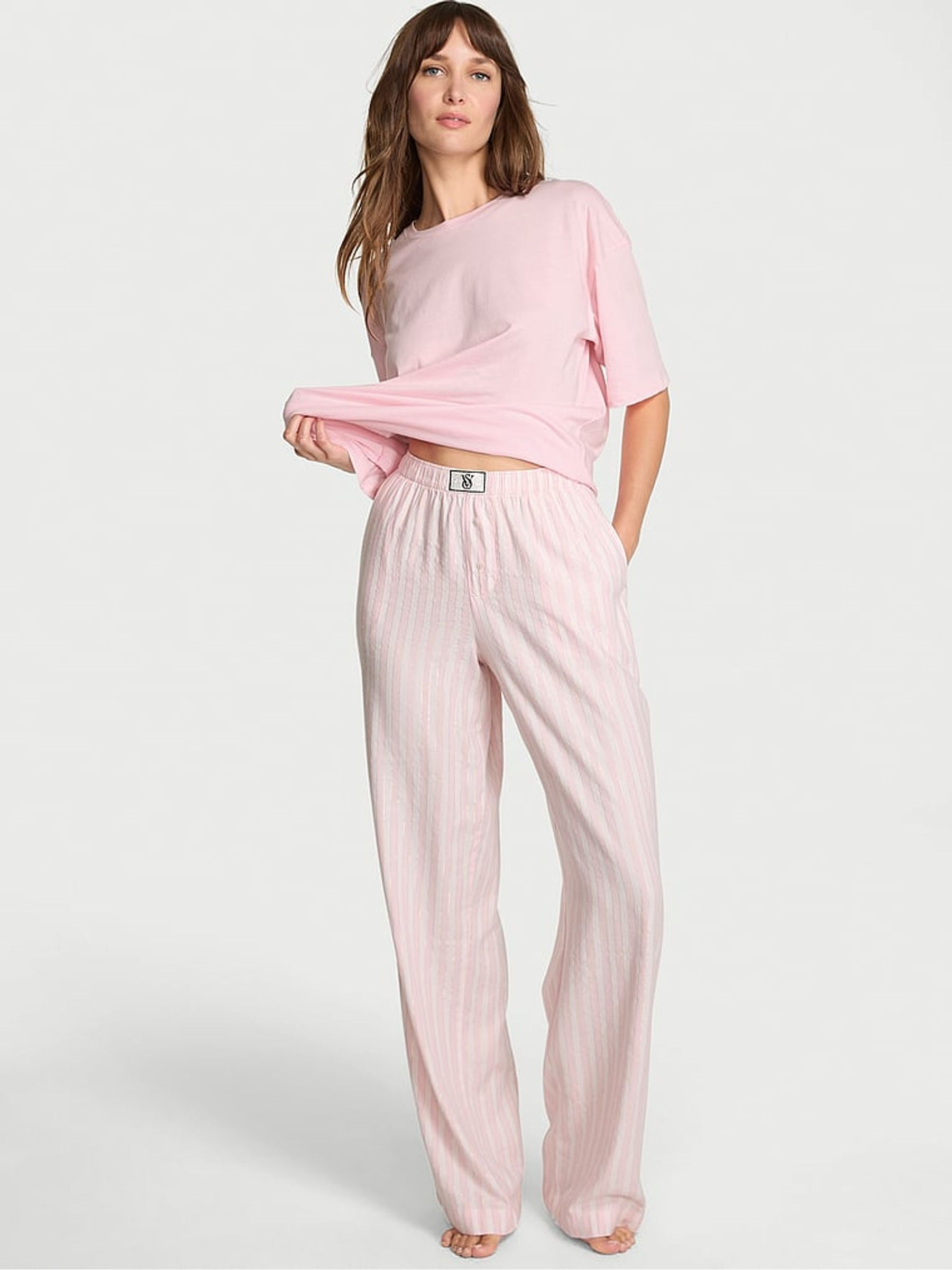 White/ Pretty Blossom Pink Stripe Short Sleeve Long Flannel Pyjama Set | Victoria's Secret UK