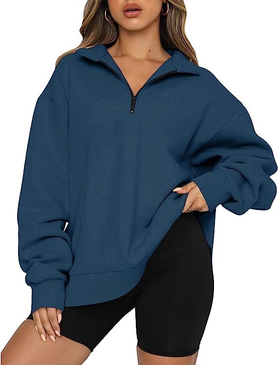 BTFBM Women Half Zip Sweatshirt Jumper Long Sleeve V Neck Collar Oversized Casual Winter Fall 202... | Amazon (US)