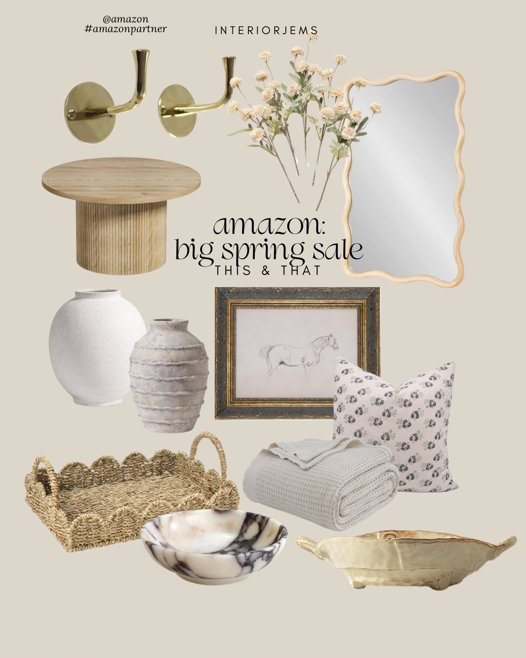 So many fun things on sale for @amazon big spring sale. This home decor is perfect to help you transition into the spring and summer months. Decorative marble bowl, artificial flowers, floral throw pillow, large vase, look for less style vase, decorative tray, natural wood coffee table , round coffee table , Unlacquered brass robe hooks, bathroom hardware 
#amazonpartner @amazonhome

#LTKStyleTip #LTKSaleAlert #LTKHome