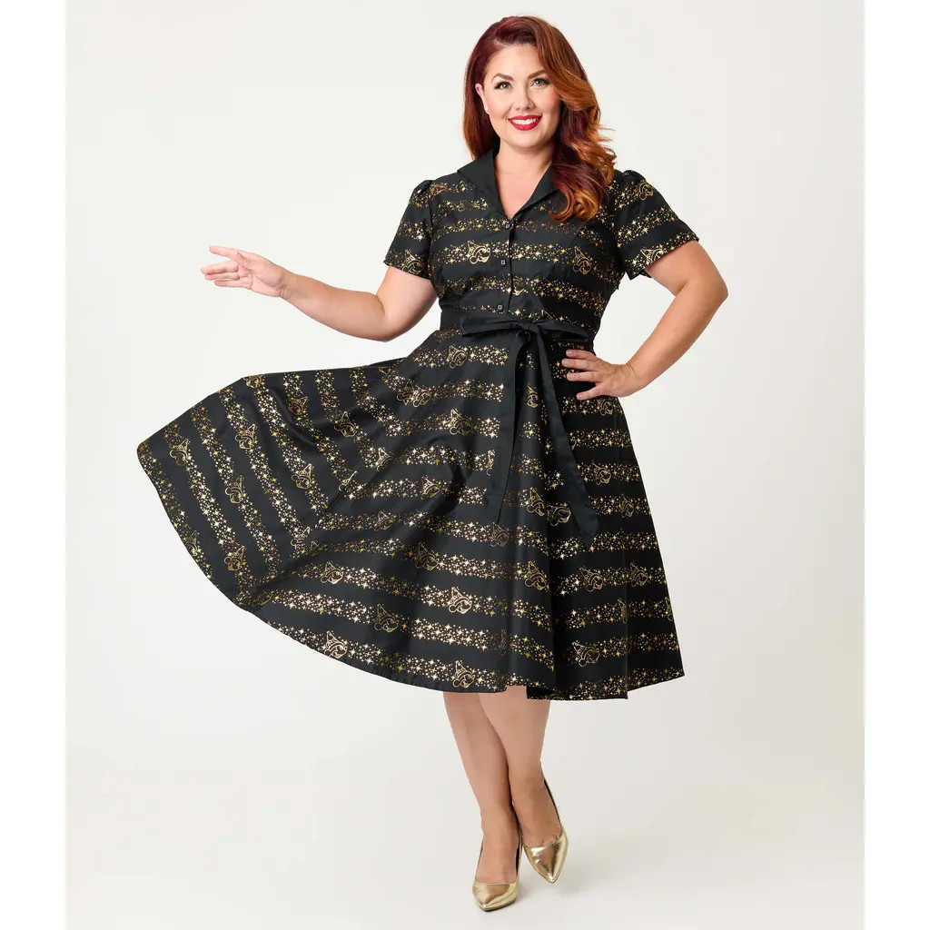 Unique Vintage Plus Size 1950s Collared Shirt Dress in Black & Gold at Nordstrom, Size 1X | Nordstrom