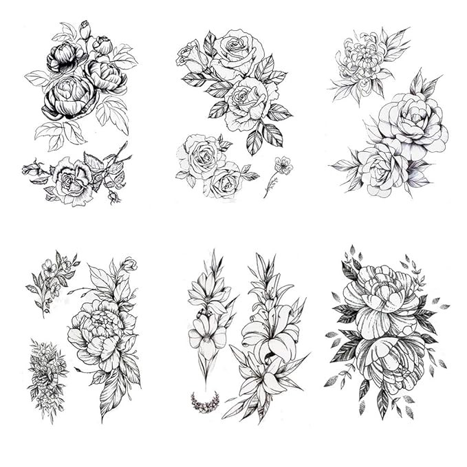 Black Rose Temporary Tattoos Flowers Tattoo Sticker Sexy Waterproof Fake Body Art - 6 Sheet | Amazon (US)