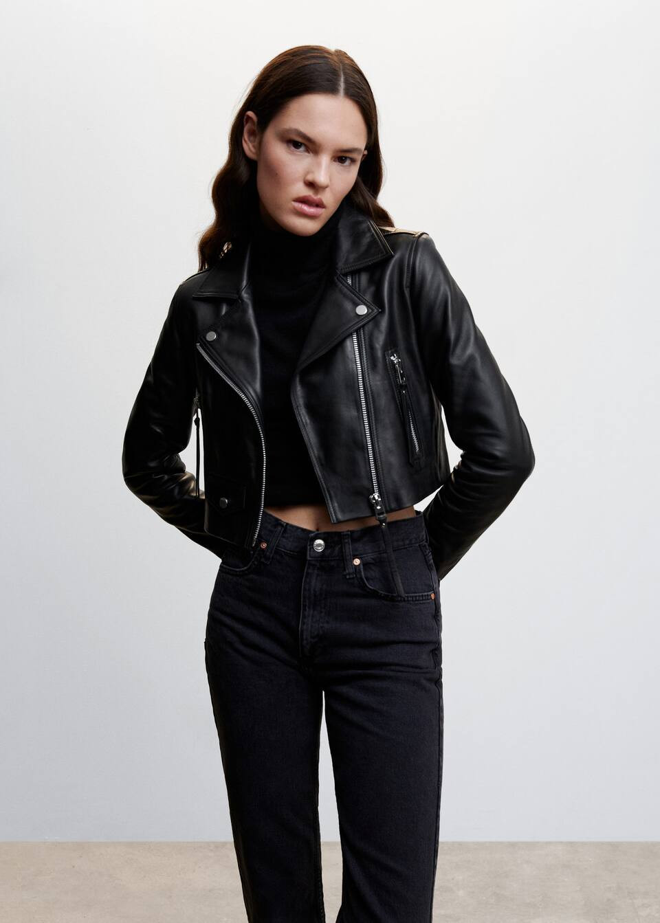 Cropped leather biker jacket -  Women | Mango USA | MANGO (US)