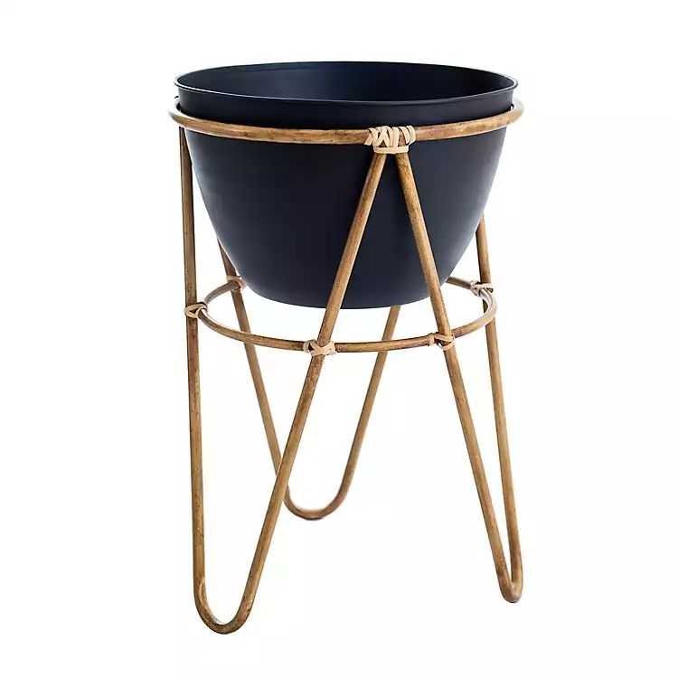 Black Metal Planter with Wooden Stand, 21 in. | Kirkland's Home