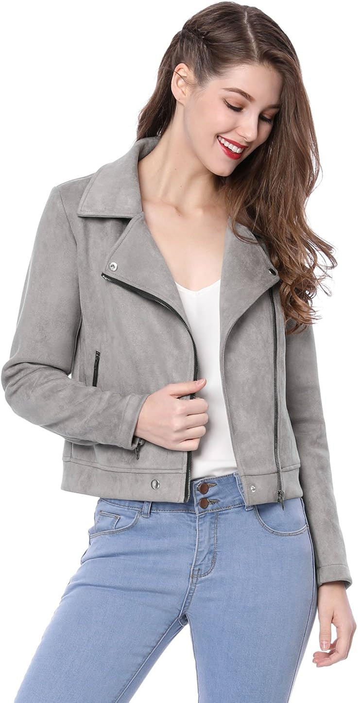 Allegra K Women's Short Soft Zip Up Faux Suede Biker Moto Jacket | Amazon (US)