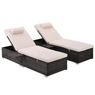 2-Piece Wicker Outdoor Chaise Lounge with Beige Cushions and side table for Garden, Backyard, Balcony and Poolside | The Home Depot