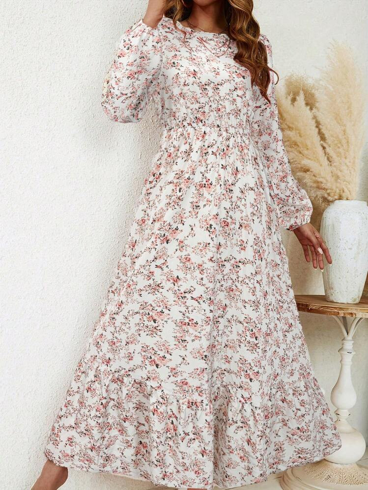 SHEIN Clasi Women's Round Neck Ditsy Floral Long Sleeve Holiday Dress Maxi Women Outfit | SHEIN