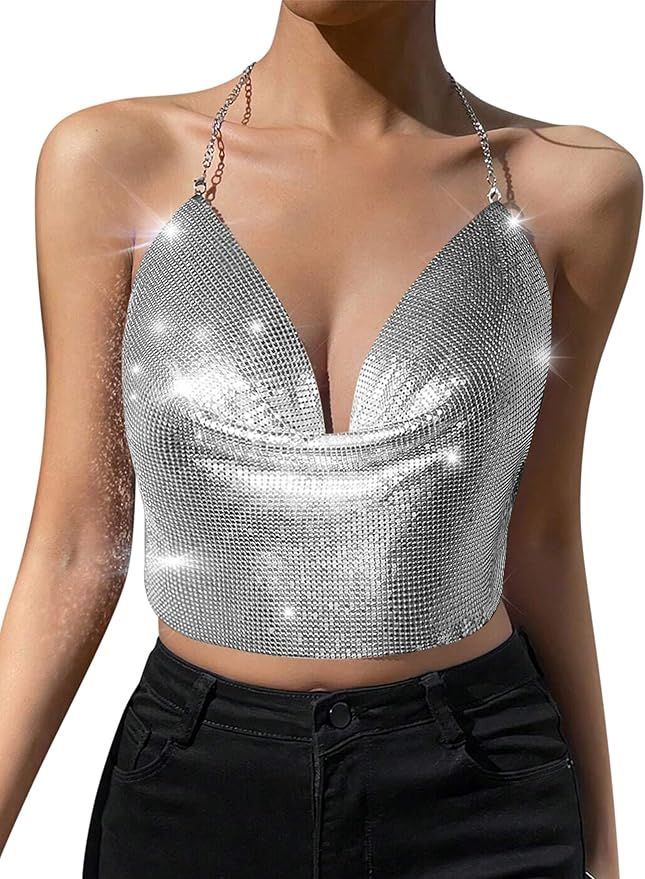 Womens Sexy Sparkly Chain Top - Sequin Halter Deep V Backless Crop Tank Metallic Club Shirt 70s D... | Amazon (US)